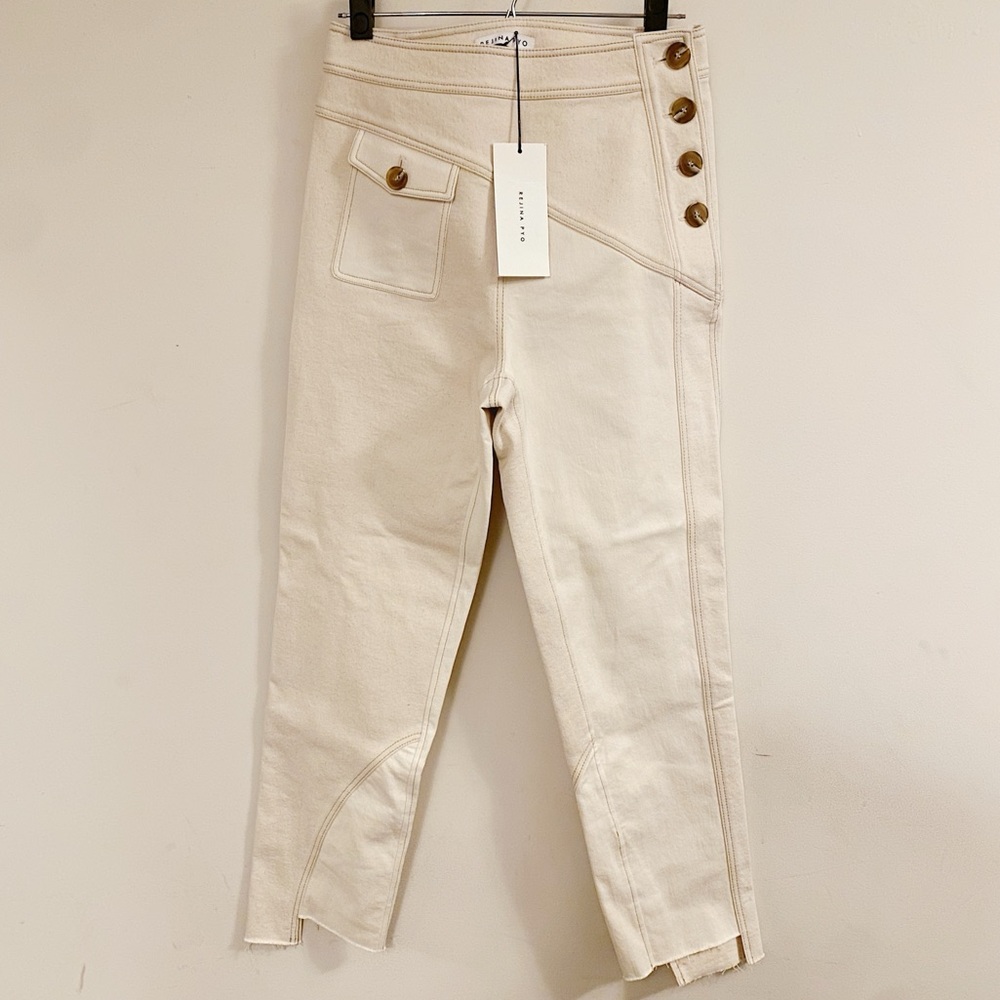 Rejina Pyo Lucie Assymetrical Cargo Ivory Cream Cotton Denim Trousers EU 36 US 6
